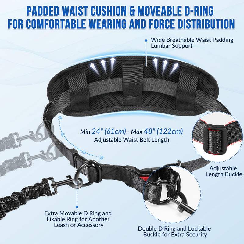 Hands Free Dog Leash for 2 Dogs, Adjustable Waist Belt with Zipper Pouch, Dual Handle Retractable Elastic Bungee with Reflective Stitches for Medium and Large Dogs Training Running 2 Leashes