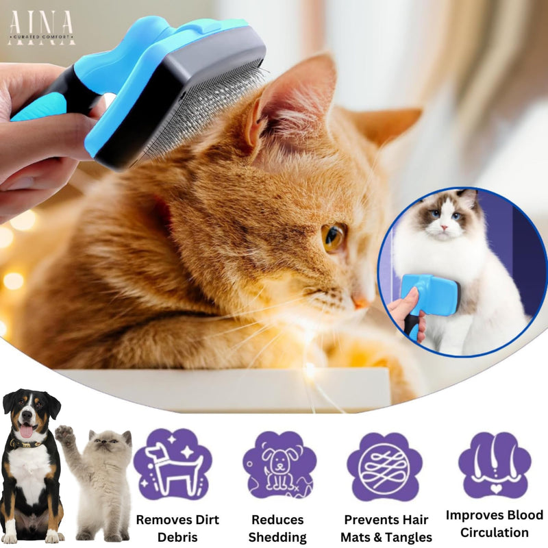 AINA Self-Cleaning Pet Grooming Brush | Pet Slicker Brush for Dogs & Cats Detangling & Fur Removal with Click Clean Button | Effective & Comfortable Pet Deshedding Brush, Perfect for Pet Grooming Small Light Blue - PawsPlanet Australia
