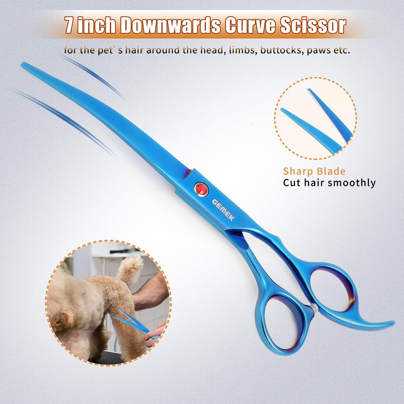 7.0in Titanium Professional Pet Grooming Scissors Set, GEMEK 6 in 1 Straight & Thinning & Upwards Curved & Downwards Curved Scissors & Comb for Dogs, Cats (Blue) Blue 6 in 1 7inch - PawsPlanet Australia