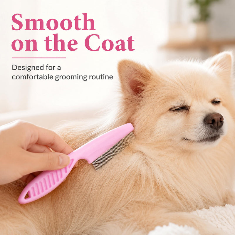 Flea Comb for Cats and Dogs, Small Pink Fine Tooth Pet Grooming Comb with Stainless Steel Teeth, Manual Pet Care Tool for Kittens, Puppies, Face, Eyes, Paws, Short Medium Coats