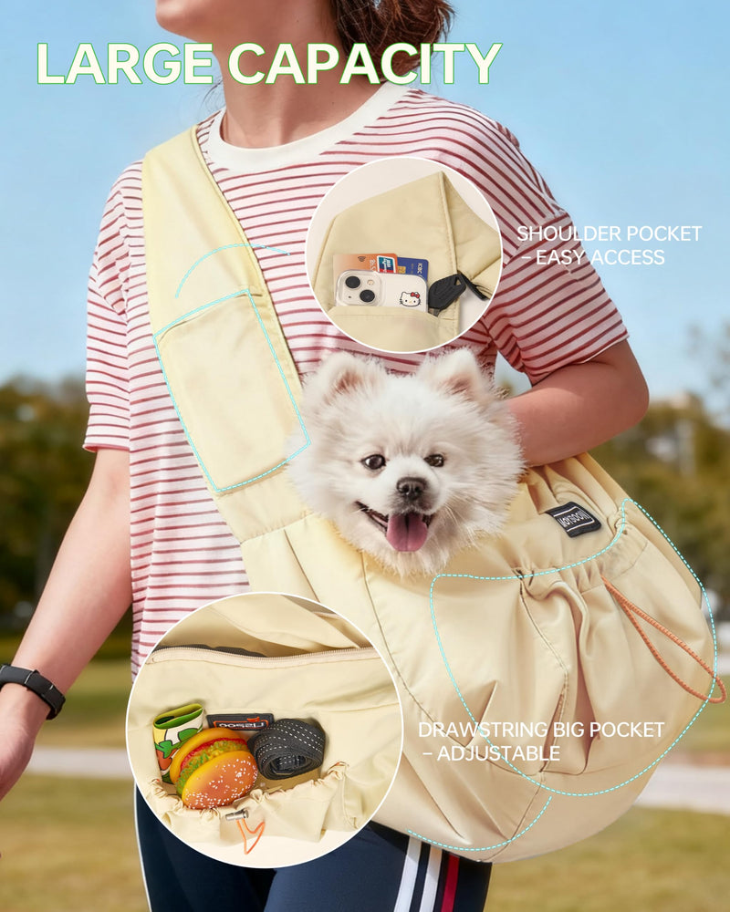 Puppy Carrier Sling - Widened and Thickened Shoulder Strap with Pocket, Adjustable Hands-Free Small Dog Carrier Sling for Outside and Daily Walks, for Small Dog and Cat 12 lbs, (Buff). Light yellow - PawsPlanet Australia