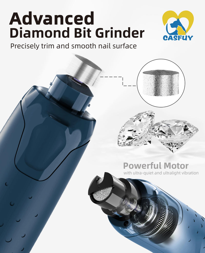 Casfuy Dog Nail Grinder Quiet - (45db) 6-Speed Pet Nail Grinder with 2 LED Lights for Large Medium Small Puppy Dogs/Cats, Professional 3 Ports Rechargeable Electric Dog Nail Trimmer with Dust Cap Blue - PawsPlanet Australia