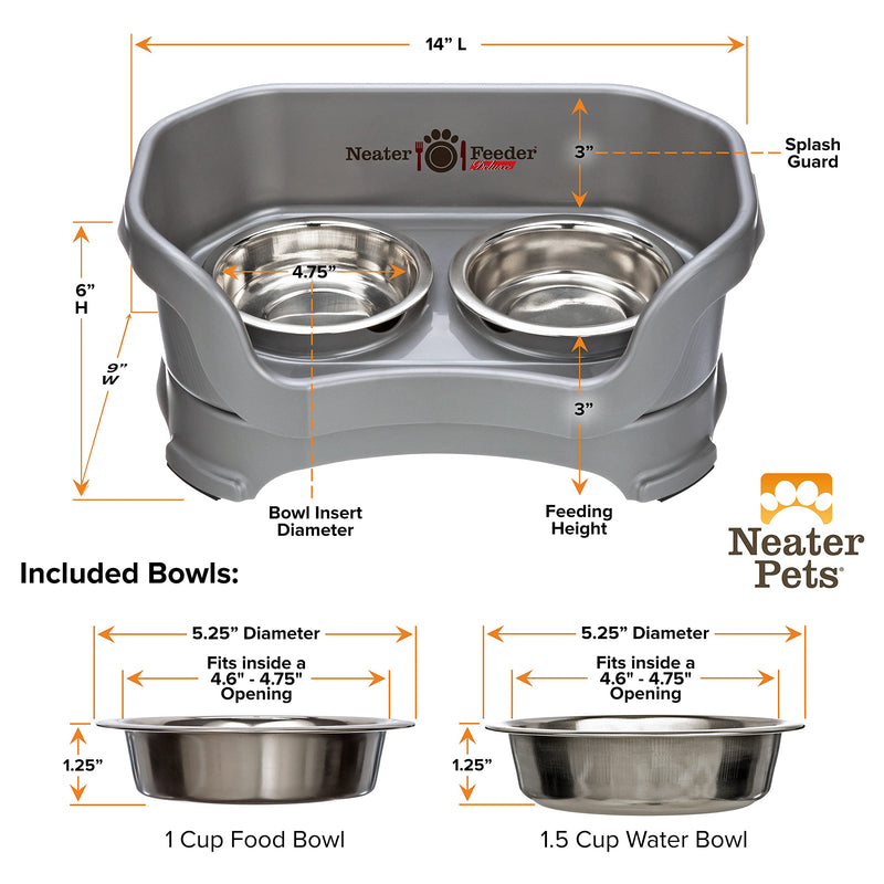 Neater Feeder Deluxe Mess Proof Cat Bowls Elevated for All Breeds – Made in USA – No Spill Raised Bowls for Indoor Cats – Stainless Steel Food and Water Bowl Set, Pet Dish Feeding Station, Grey Gunmetal Grey - PawsPlanet Australia