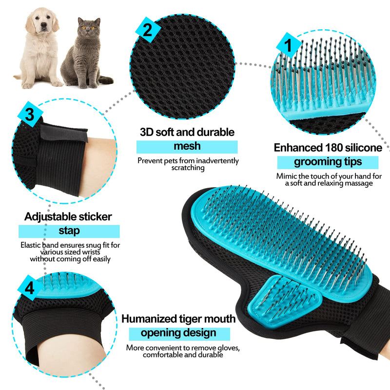 2024 Pet Grooming Glove with Tipped Pin Brush,Special Design Deshedding Glove, Massage Mitt, Perfect Petting Tool for Sensitive Dogs & Cats with Long & Medium Fur - Right-Hand - Blue - PawsPlanet Australia