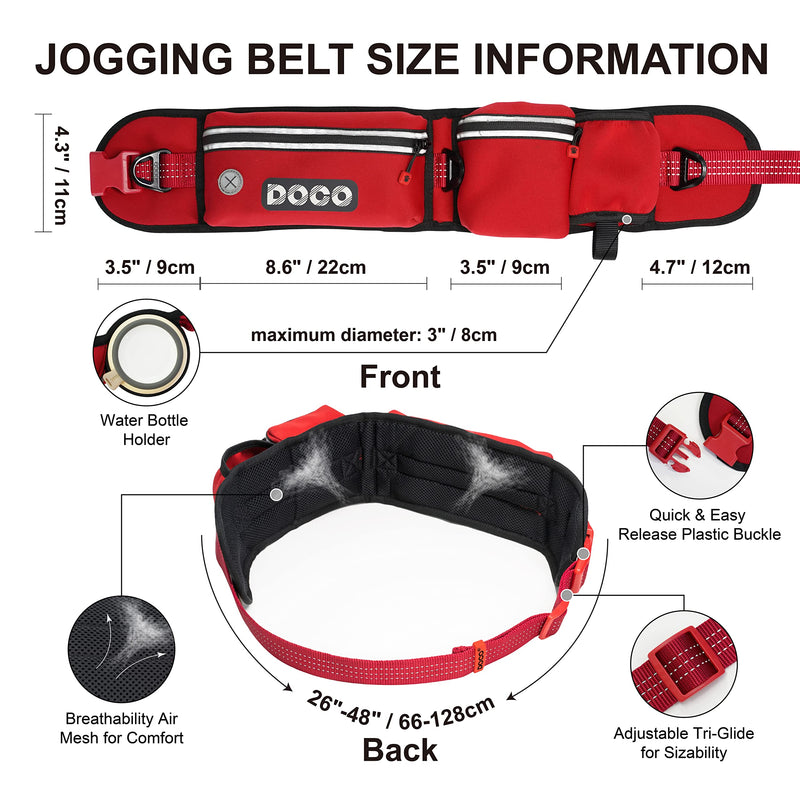 DOCO Heavy Duty Hands Free Dog Leash, Retractable Bungee for Running Walking Jogging, Training, Hiking │ Adjustable Waist Belt, Reflective Stitches, Dual Handle (Medium-Large Dogs, 20-100 lbs) Red Original - PawsPlanet Australia