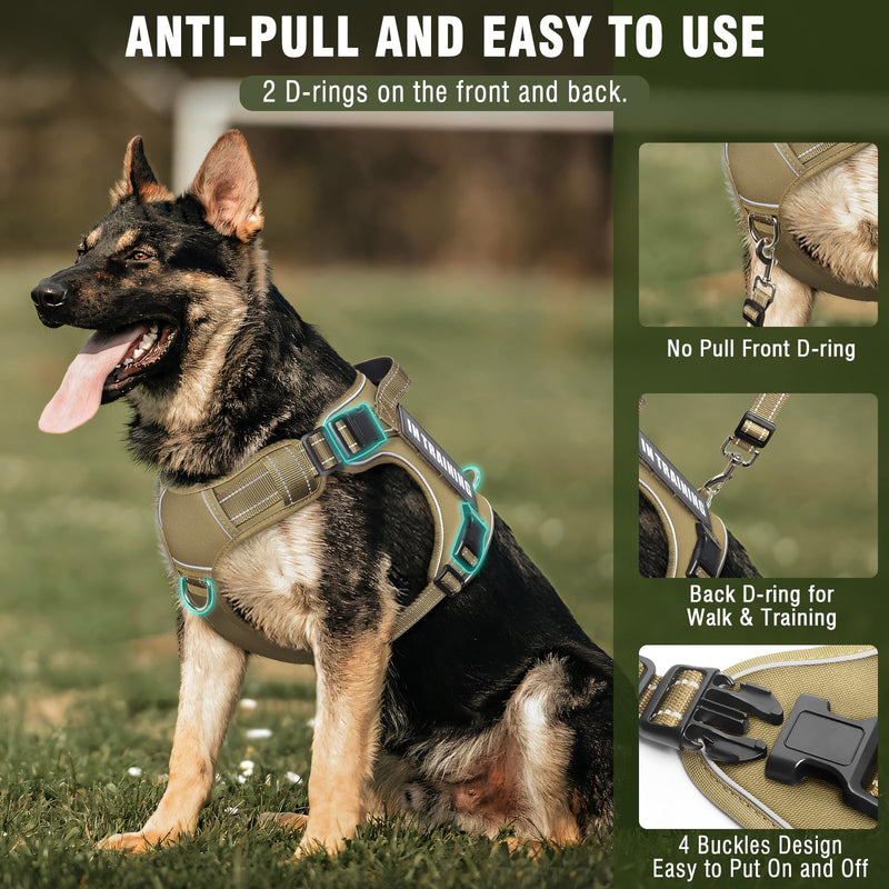Tactical Dog Harness and Leash Set for Large Dogs,Heavy Duty No Pull Service Dog Vest and 10 Patches with Dog Seat Belt,Reflective Adjustable Pet Harness for Training Walking Hiking Brown L - PawsPlanet Australia