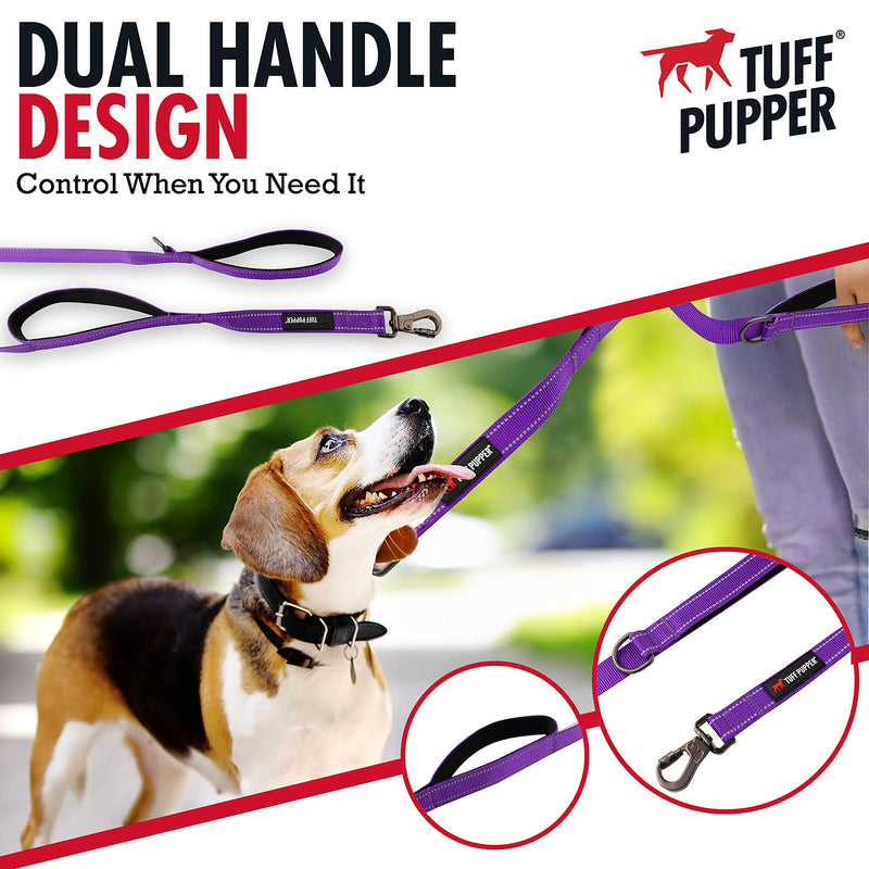 Tuff Pupper Heavy Duty Double Handle Leash | Twist Locking Carabiner Clip | Safety Lock for Strong Dogs | Reflective for Safe Night Walks | 6 Foot Leash | For Medium & Large Dogs Purple - PawsPlanet Australia