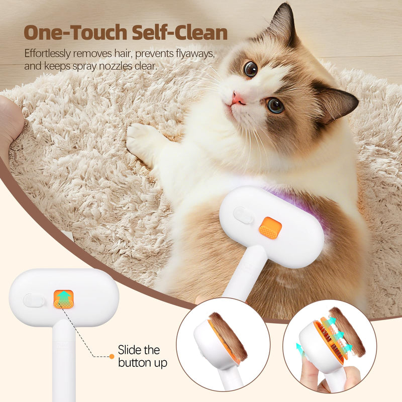 Steam Cat Brush, 3-in-1 Self-Cleaning Pet Steam Brush for Hair Remover & Massage. Cat brushes for Short & Long Haired Cats, Dog Brushes for Grooming & Shedding, Prevents Static, Cool Mist Only