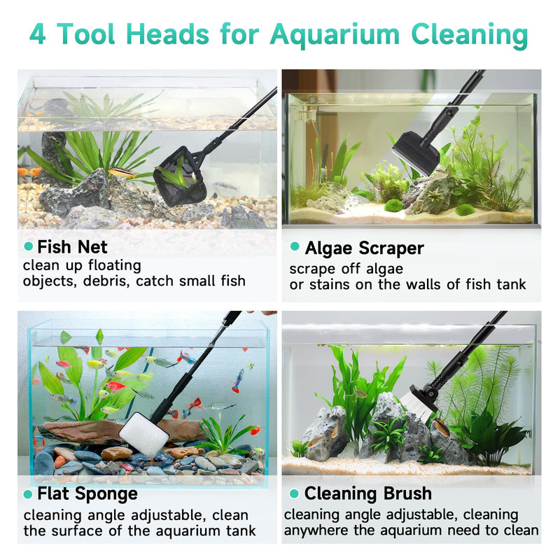 hygger Small Aquarium Cleaning Tools, 4 in 1 Fish Tank Cleaner Kit with Handle,Fish Net,Algae Scraper,Clean Brush,Flat Sponge