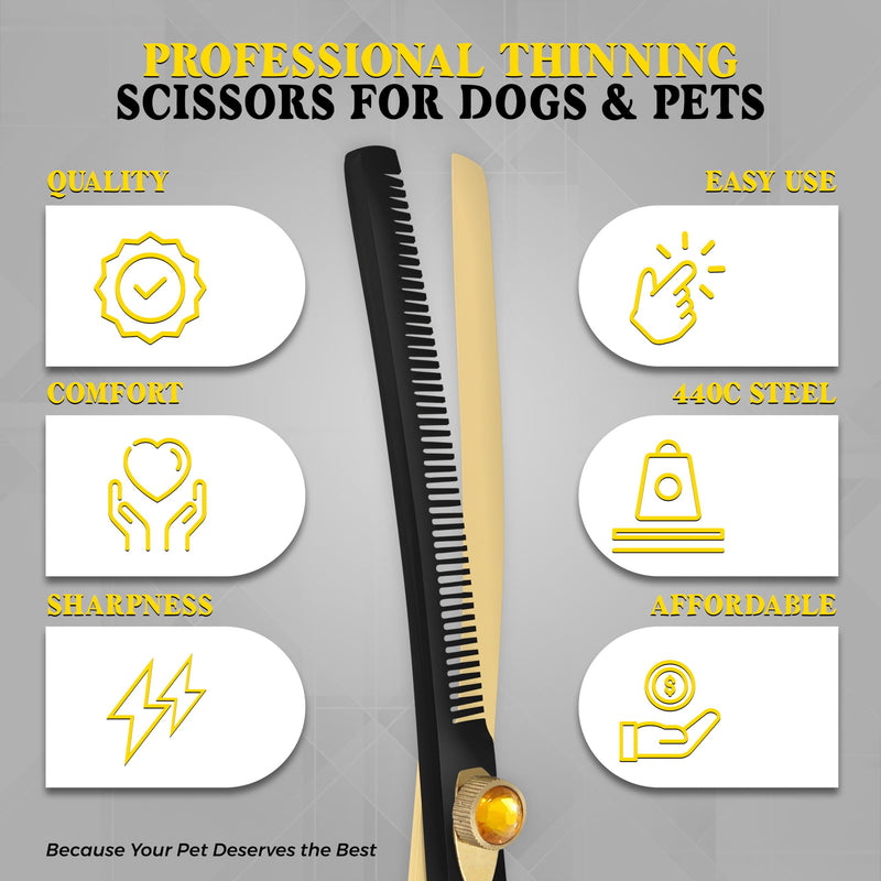 7.5” Curved Thinning Shears for Dogs and Cats – 34 Tooth Professional Pet Grooming Scissors – Smooth, Quiet Blending Shears for Face, Ears, Chest and Legs, Ergonomic Design for Home and Pro Use Golden Black Curved Thinning Scissors - PawsPlanet Australia