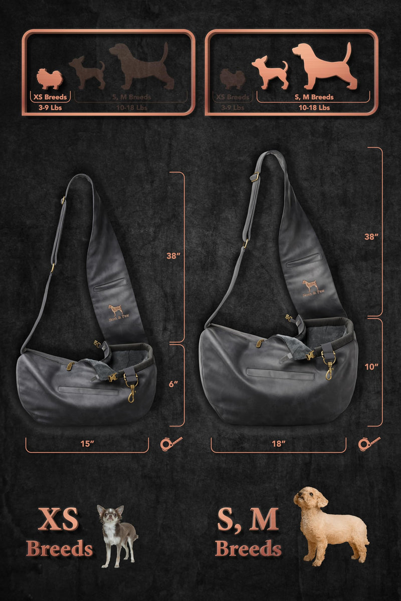 Noah & Paw Dog Sling Carrier for Small Dogs 3-10lb, Dog Sling for Small Dogs and Cats, Dog Carrier with Adjustable Padded Strap, Vegan Leather Lined with Fur, 3x Safety Features, Machine Washable Charcoal 38 cm L x 15 cm W x 14 cm H