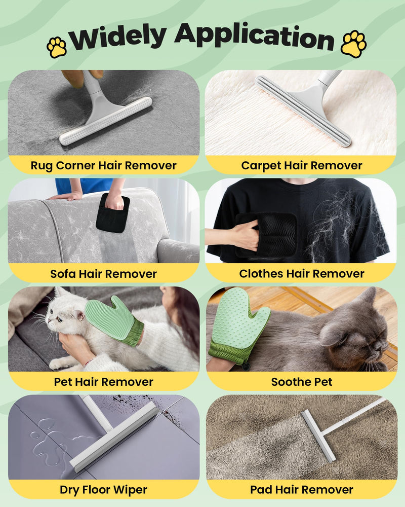 Carpet Rake for Pet Hair Removal Tool - 4 in 1 Pet Hair Remover Kit for Dog Cat Fur Remover, Contain 60" Adjustable Rubber Broom, Glove, Magic Brush and Scraper for Home Furniture, Rugs, Mats - PawsPlanet Australia