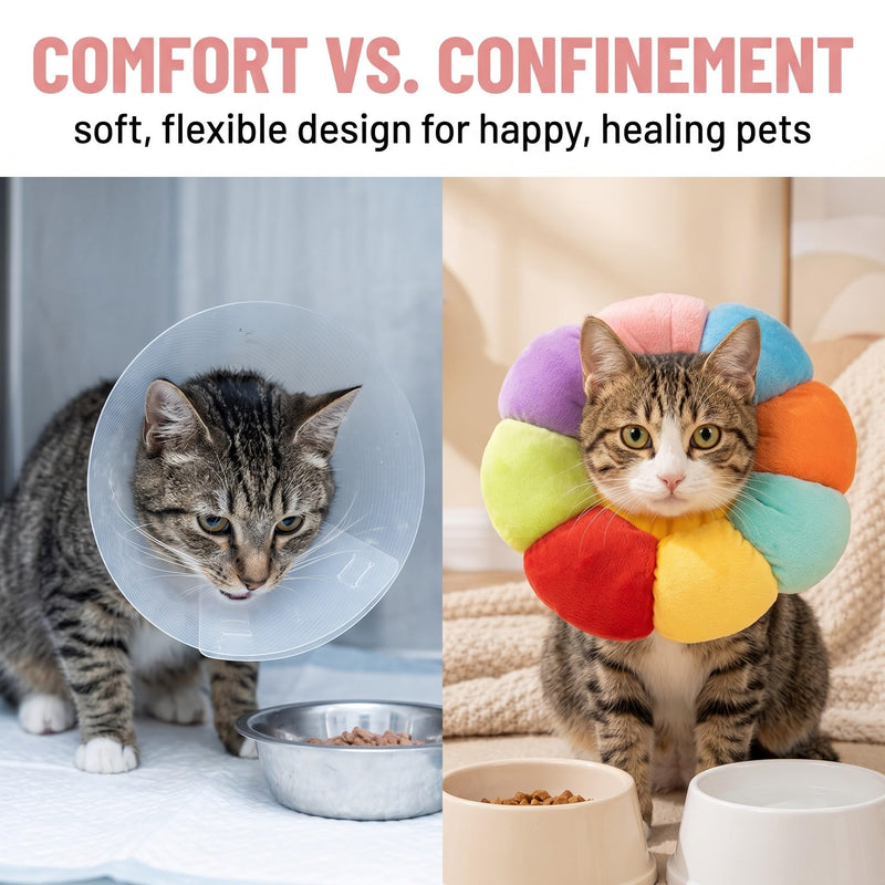 Cat neck brace size S, lick protection for cats, sunflower design for small dogs and cats, adjustable cat collar for post-surgery, multicolored