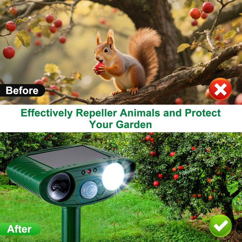 2 Pack Solar Animal Repeller for Raccoons, Deer & Squirrels - Ultrasonic & Strobe Light, Outdoor Deterrent for Cats, Dogs, Raccoons, Rabbits, Skunks, Foxes & More 2PCS Green
