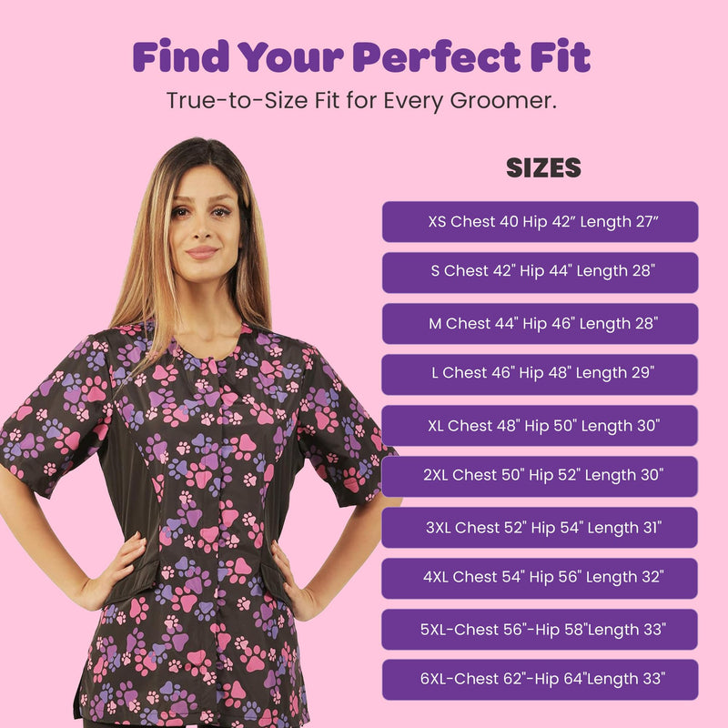 Ladybird Line 725 Pink Purple Paw Waterproof Grooming Smock, Hair Bleach Resistant, Solid Black Back, Adjustable Back Belt Medium - PawsPlanet Australia