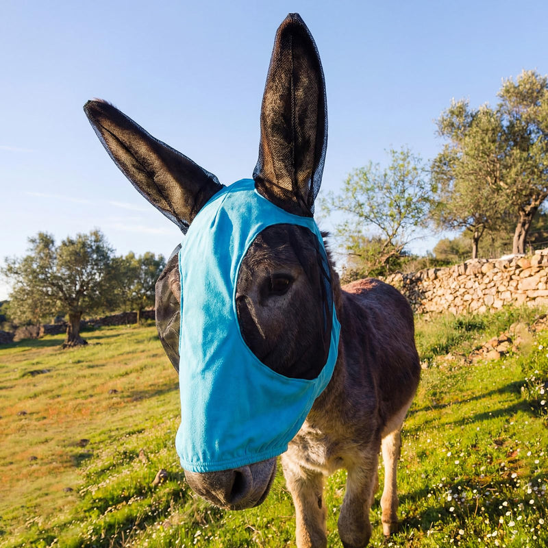 Mini Donkey Fly Mask with Ears Protection, Stretchy Mule Mask with Big Mesh Eye Covers, Soft on Skin, Comfortable Breathable Protection from Insects and Bugs Blue Mini 1