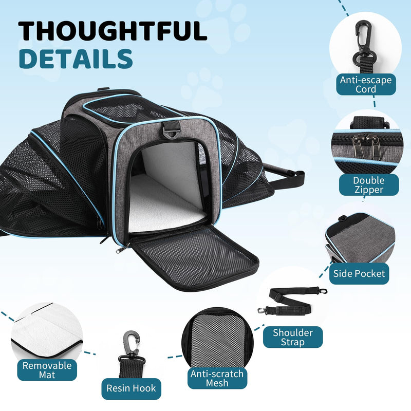 Cat Carrier - Airline Approved Expandable Soft Side Pet Carrier, Collapsible Pet Travel Bag Carrier with Foldable Pet Bowl for Cat Small Animals Under 14LB, 17 * 11 * 11 1844-Grey Blue - PawsPlanet Australia