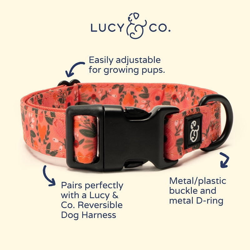 Lucy & Co. Posy Pink Dog Collar - Durable Lightweight Designer Collar for Pets - Adjustable Metal Safety Buckle - Coral Pink Floral - Medium - PawsPlanet Australia