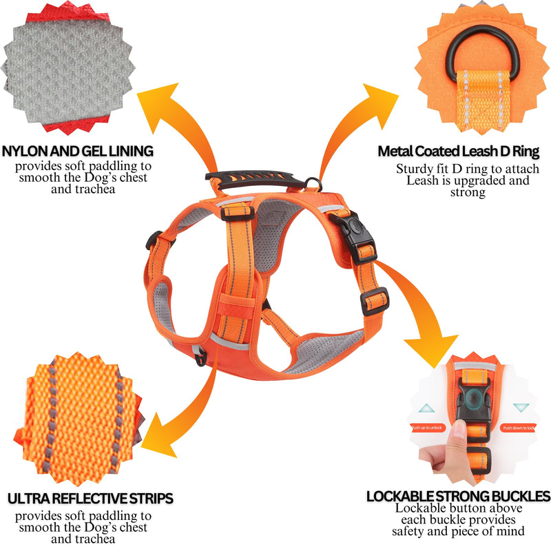 [3 in 1] Heavy Duty Dog Harness, No-Pull Reflective Tough Trim Harness for Small, Medium & Large Dogs - Military Grade Nylon, 2 Leash Clips & Handle with Padded Leash and Brush (Orange, Extra Large) Orange - PawsPlanet Australia