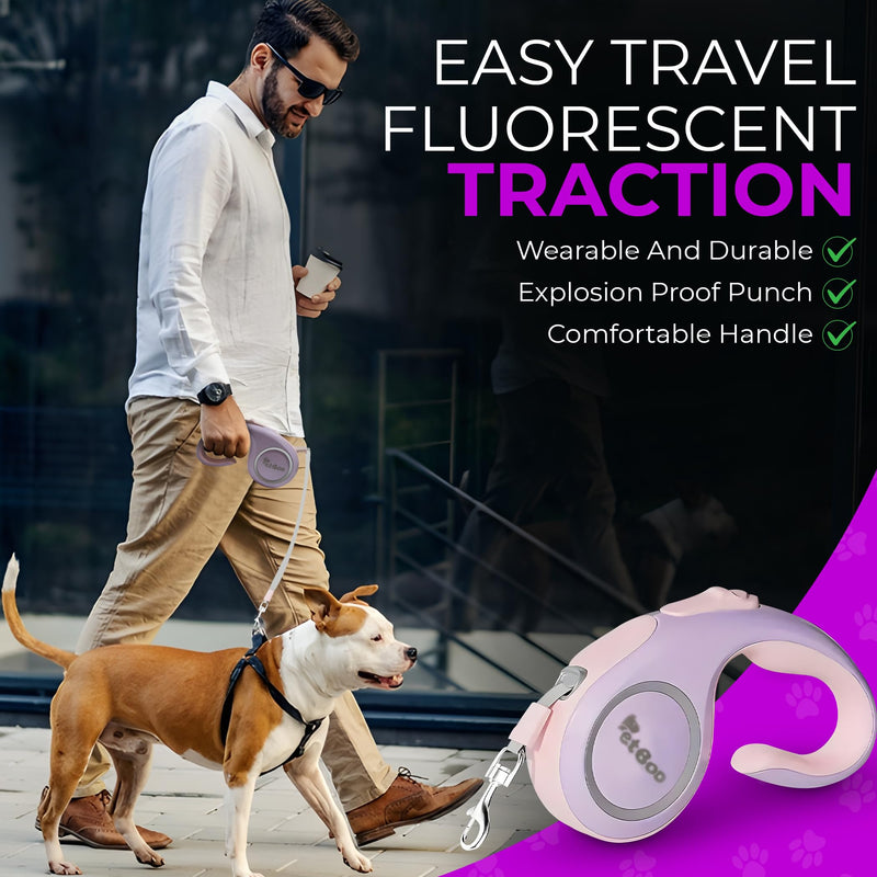Fashionable and Retractable 15ft Dog Walking Leash with Anti-Slip Handle | 360° Tangle-Free | Heavy Duty Nylon Tape | One-Handed Lock, Pause, Block (Pink) Pink - PawsPlanet Australia