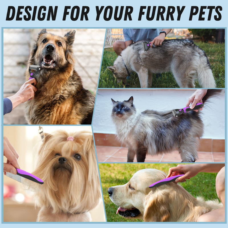 Pet Grooming Brush and Metal Comb Combo - Undercoat Rake for Dematting and Deshedding Long Matted Haired Dogs and Cats, Purple - PawsPlanet Australia