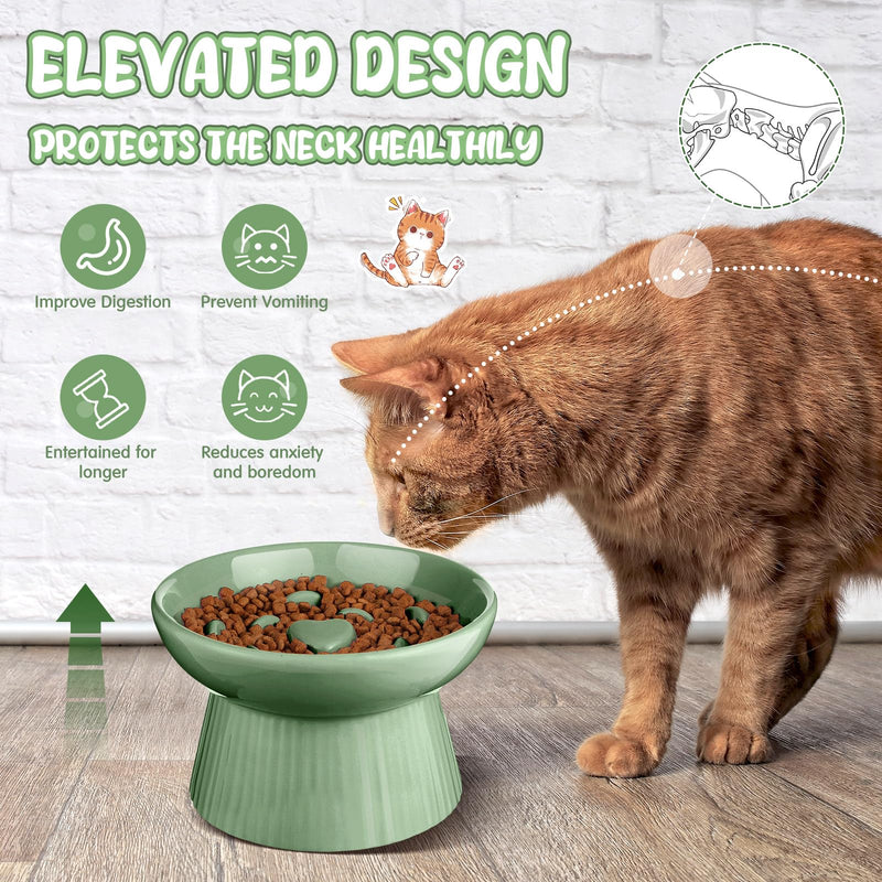 Tioncy Ceramic Slow Feeder Raised Cat Bowl Elevated Cat Bowls Anti Vomit Dry Wet Food and Water Bowl Easy to Clean Pet Bowls High Edge for Cats Small Dogs, Kitten Home, Dishwasher Safe(Sage Green) Sage Green - PawsPlanet Australia