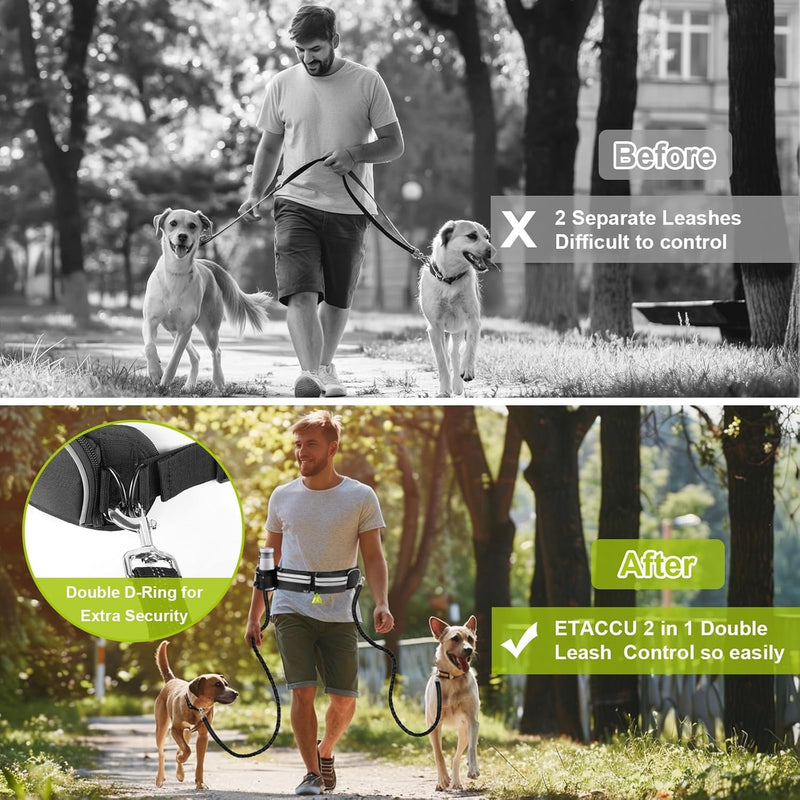 Hands Free Dog Leash for 2 Dogs - 2 Convenient Pouches on This Nifty Hands Free Leash - Padded Handles and 2 Tough Bungees - Perfect Waist Leash for Dog Walking, Running or Adventuring Waist: 28in - 49in Black - PawsPlanet Australia