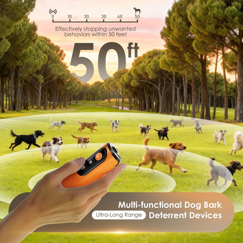 Dog Bark Deterrent Device & Anti Barking Device for Dogs, 50FT Ultrasonic Dog Trainer - Silent to Humans, Safe, Humane, Long-Lasting Rechargeable Orange Handheld with LED, Indoor/Outdoor