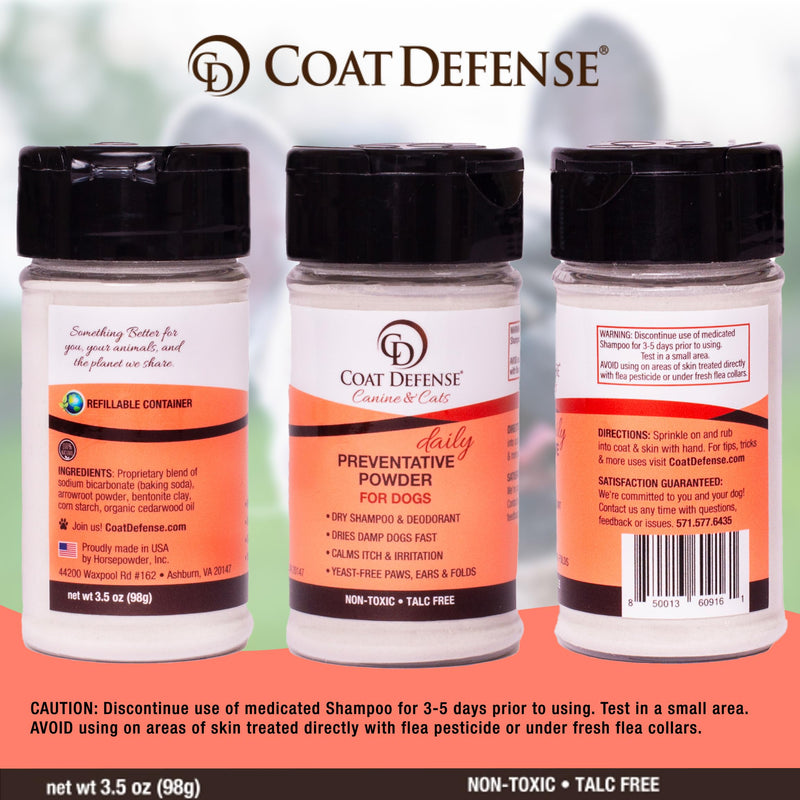COAT DEFENSE Preventative Powder | Made in USA | 3.5oz Waterless Dog Shampoo & Pet Deodorizer for Smelly Dogs | Provides Anti Itch Relief | Dog Shampoo for Dry Itchy Skin & Dog Shampoo for Smelly Dogs - PawsPlanet Australia