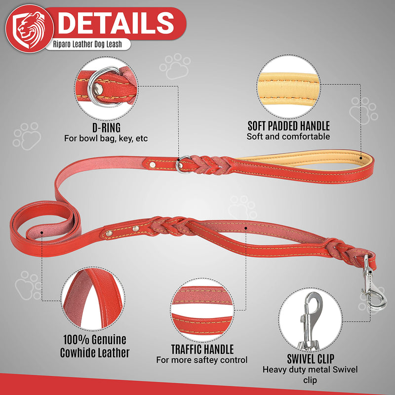 Riparo Leather Dog Leash 6ft with 2 Handles Padded Traffic Handle for Extra Control, Leather Dog Leashes for Large Breed Dogs Training Walking Heavy Duty Leashes for Dogs (Red, L: 3/4" x6ft) Red L: 3/4"x6ft - PawsPlanet Australia