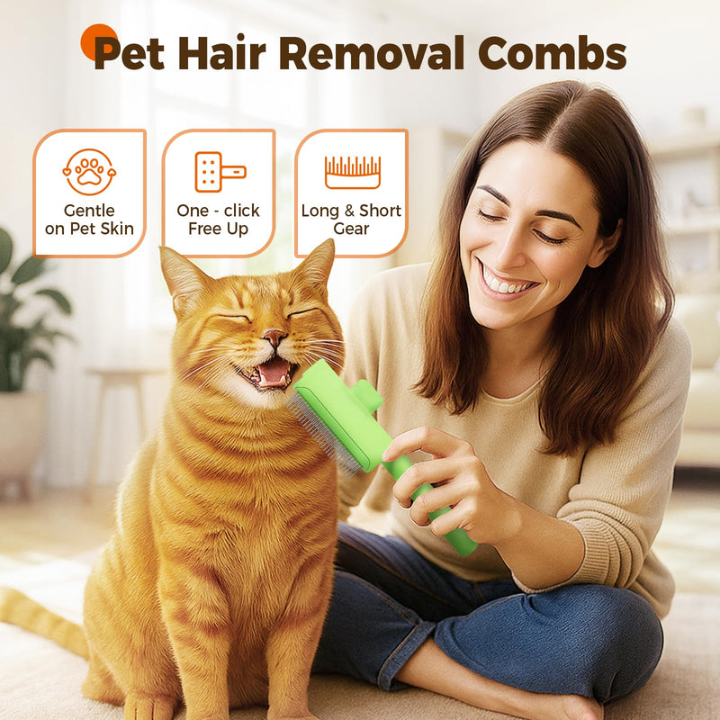 Pet Hair Removal Comb Flea Combs for Cats and Dogs, Pet Flea Comb Grooming Brush with One-Click Release Button, Dog Cat Deshedding Brush for Short & Long Hair (Blue & Green) Blue & Green - PawsPlanet Australia