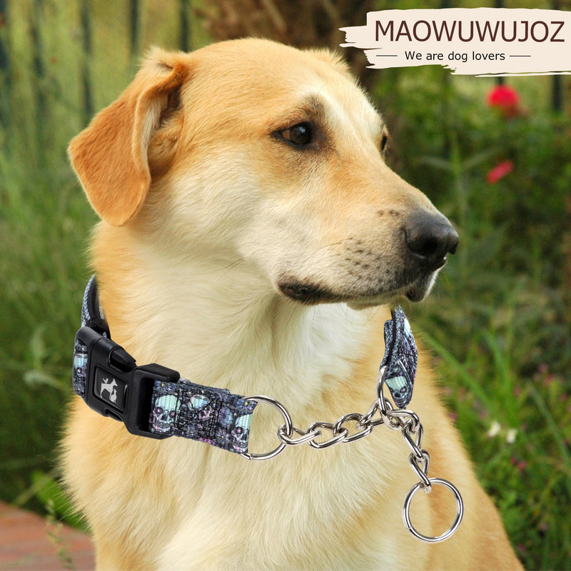Martingale Collar - Reflective Nylon with Padded Comfort & Quick Release Buckle - Skull Design, No Slip Choke Heavy Duty Collar for Safe Training, Walking & Nighttime Use M 4 M (Neck 14"-18") - PawsPlanet Australia