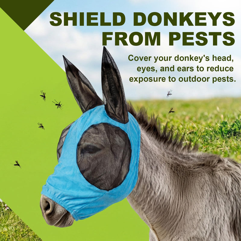 Mini Donkey Fly Mask with Ears Protection, Stretchy Mule Mask with Big Mesh Eye Covers, Soft on Skin, Comfortable Breathable Protection from Insects and Bugs Blue Mini 1