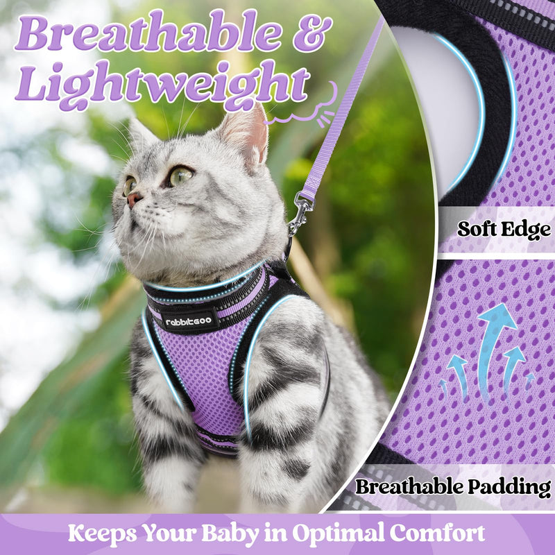 rabbitgoo Cat Harness and Leash Set for Walking Escape Proof, Adjustable Soft Kittens Vest with Reflective Strip for Cats, Comfortable Outdoor Vest, Light Purple, S Small - PawsPlanet Australia