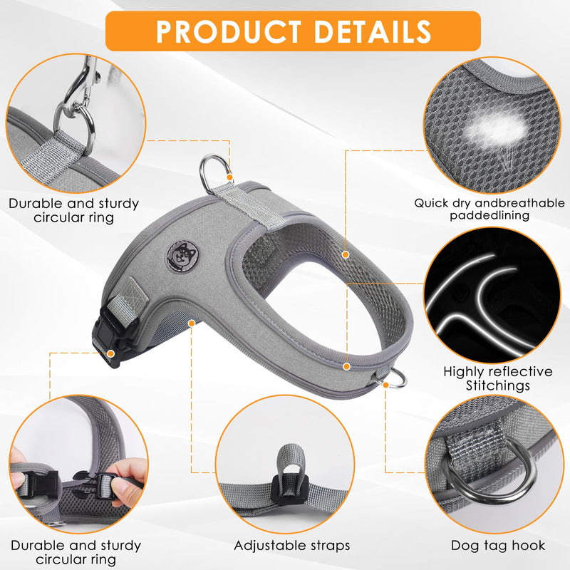 Dog Harness and Leash Set, No Pull Saddle Style Pet Harness, Breathable Mesh Adjustable Reflective Dog Vest for Dogs and Cat Medium Small Harness 2 D-Rings, Grey, M - PawsPlanet Australia