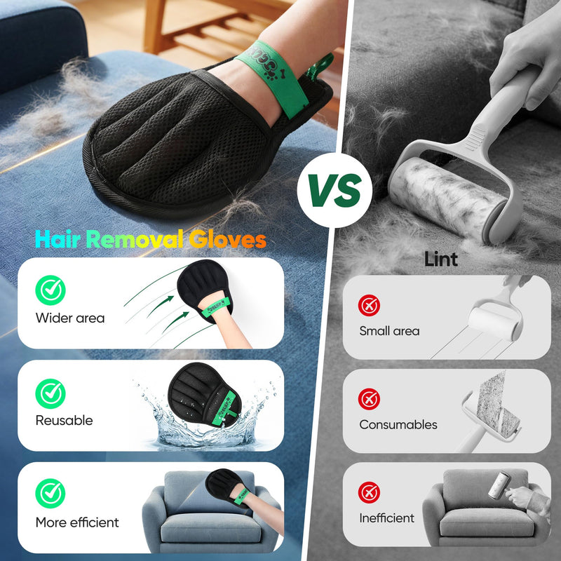 Upgraded Pet Hair Removal Glove for Dogs & Cats, Electrostatic Five-Finger Hair Remover for Furniture, Couch, Carpet, Clothing& Car Seat, 2Pcs Reusable Magic Brush Pet Hair Remover Tool (Black) Black2 - PawsPlanet Australia
