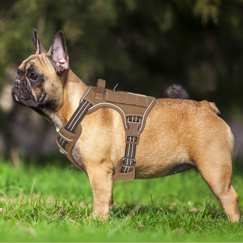 Heavy Duty Tactical Dog Harness for Medium Dogs, Brown, Molle System, Four-Point Adjustment, Anti-Lost ID Tag, Includes 5ft Leash - PawsPlanet Australia