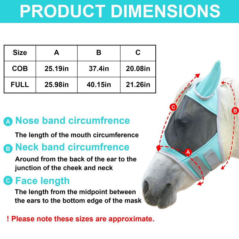 Horse Fly Mask with Ears, Equine Mesh Mask with UV Protection Face Cover, Turquoise, Full Full (Large)
