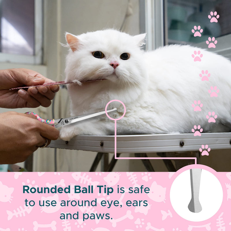 Kenchii Happy Kitty Ball Tip Shears Trimming Scissors for Cats | Pet Grooming Kitten Essentials | Stainless Steel Grooming Scissors for Cats | Safety Blunt Tip Scissors and Cat Grooming Tools | 6.5 In 6.5 Inch Pink - PawsPlanet Australia