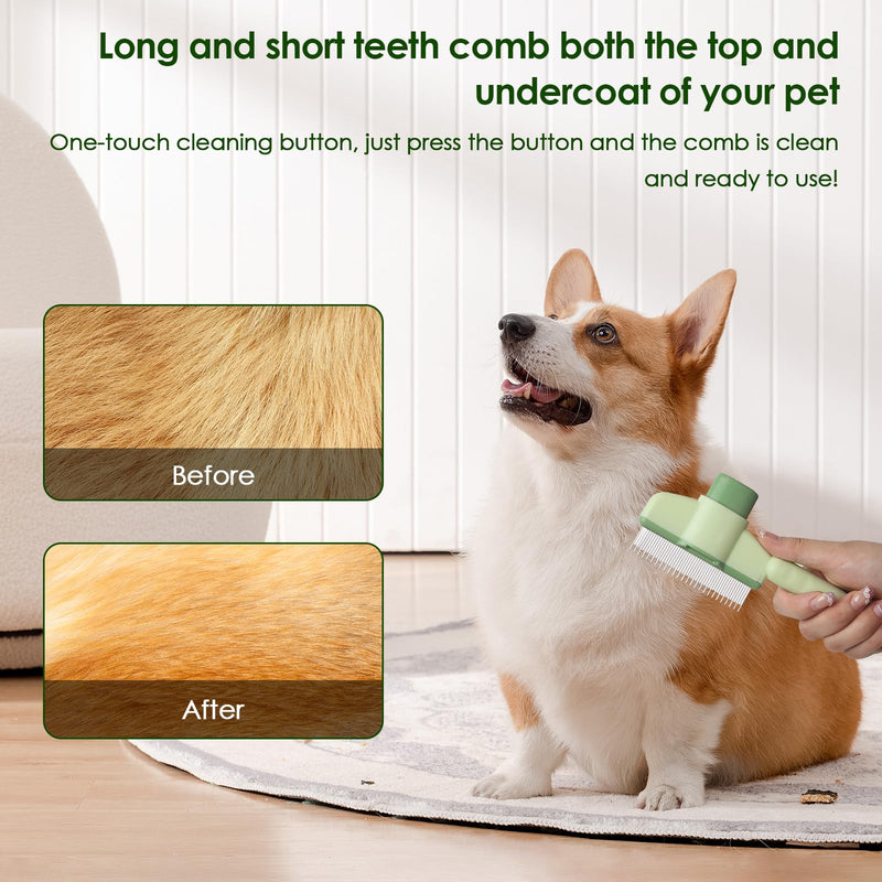 Flea Comb for Cat Hair Removal Comb, 2025 New Self-Cleaning Flea Brush for Cats and Dog, Comfort Cat Hair Removal Tool with Long & Short Stainless Steel Metal Grooming Brush(Green) Green - PawsPlanet Australia
