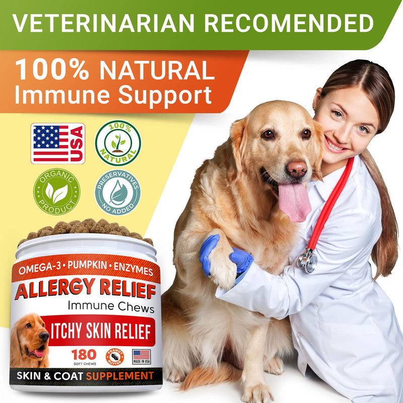 StrellaLab Dog Allergy Relief & Anti Itch Support Chews w/Omega 3: Real Ingredients, Real Taste! Skin & Coat Immune Supplement w/Fish Oil, Pumpkin & Enzymes — Developed by Experts - Made in USA -180Ct Chicken & Liver 180Ct (ITCH Relief)