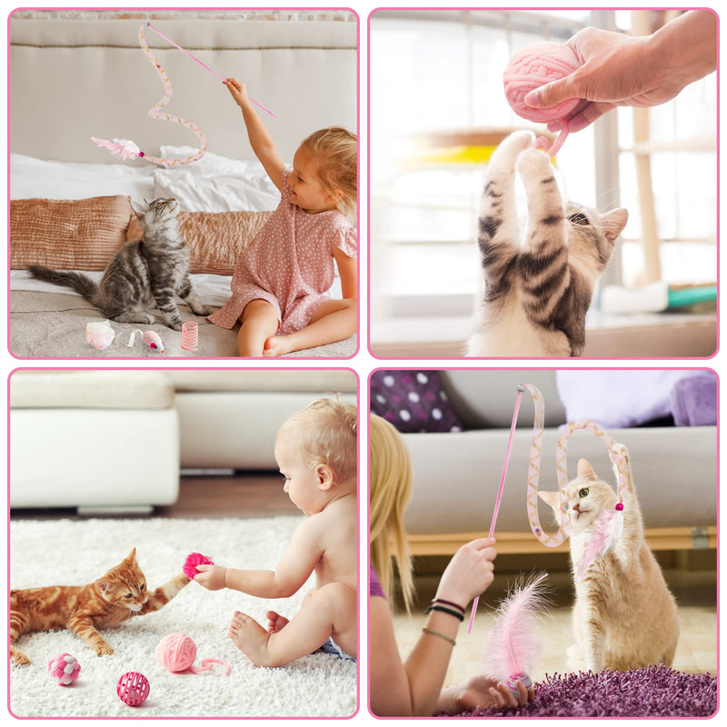 MALLMALL6 10Pcs Cat Toy Set Interactive Cat Toys Pack Including Feather Teaser Wand Cat Springs Mice Crinkle Balls and Pet Bell Balls, Puzzle Toys for Indoor Cats Gift (Pink) Pink - PawsPlanet Australia