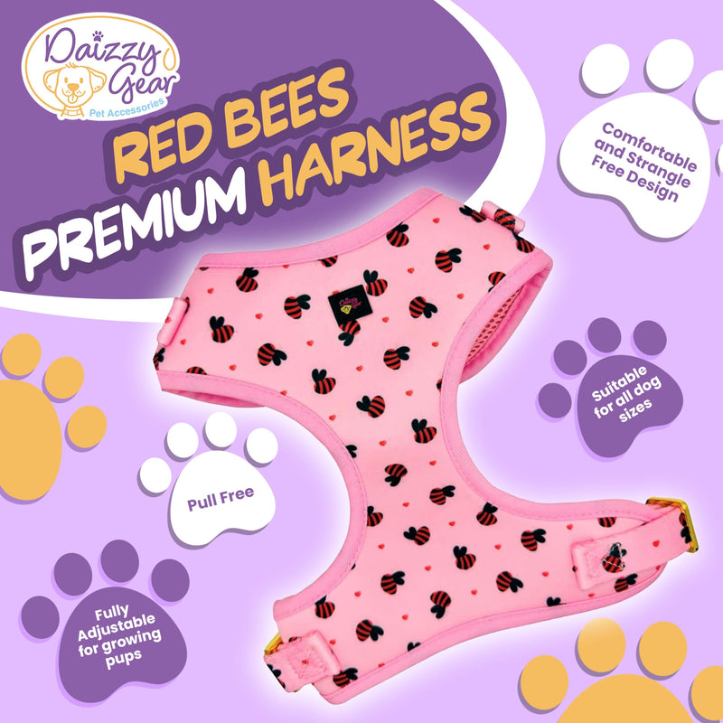 Medium Dog Harness and Leash Set – No Pull Harness, Leash, Collar & Poop Bag Holder – Matching Set with Gold Hardware – Breathable, Adjustable, Stylish, and Comfortable for Daily Walks - Pink Bees Medium - PawsPlanet Australia