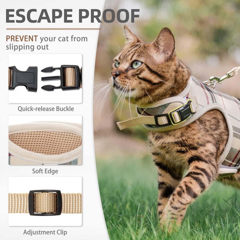 PUPTECK Soft Mesh Cat Vest Harness and Leash Set Puppy Padded Pet Harnesses Escape Proof for Cats Small Dogs Rabbits Bunny, Plaid Beige, L L(NECK 8.5"-10.5", CHEST 12.5"-15", 6-10 lbs) Beige(Plaid) - PawsPlanet Australia