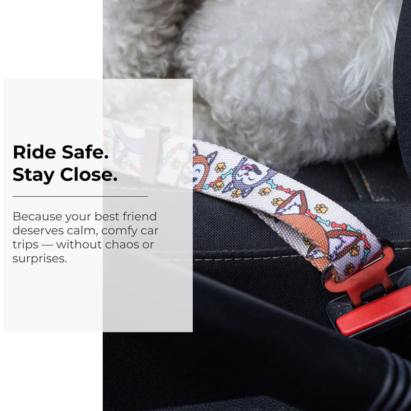 KIKI & RIKI Dog Car Seat Belt, Adjustable 14–24 in (36–61 cm), Premium Nylon Safety Tether, Universal Buckle Clip, Durable Vehicle Restraint Strap, Beige (Funny Pups) Beige (Funny Pups) - PawsPlanet Australia