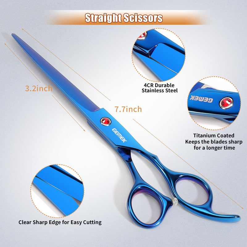 7.0in Titanium Professional Pet Grooming Scissors Set, GEMEK 6 in 1 Straight & Thinning & Upwards Curved & Downwards Curved Scissors & Comb for Dogs, Cats (Blue) Blue 6 in 1 7inch - PawsPlanet Australia