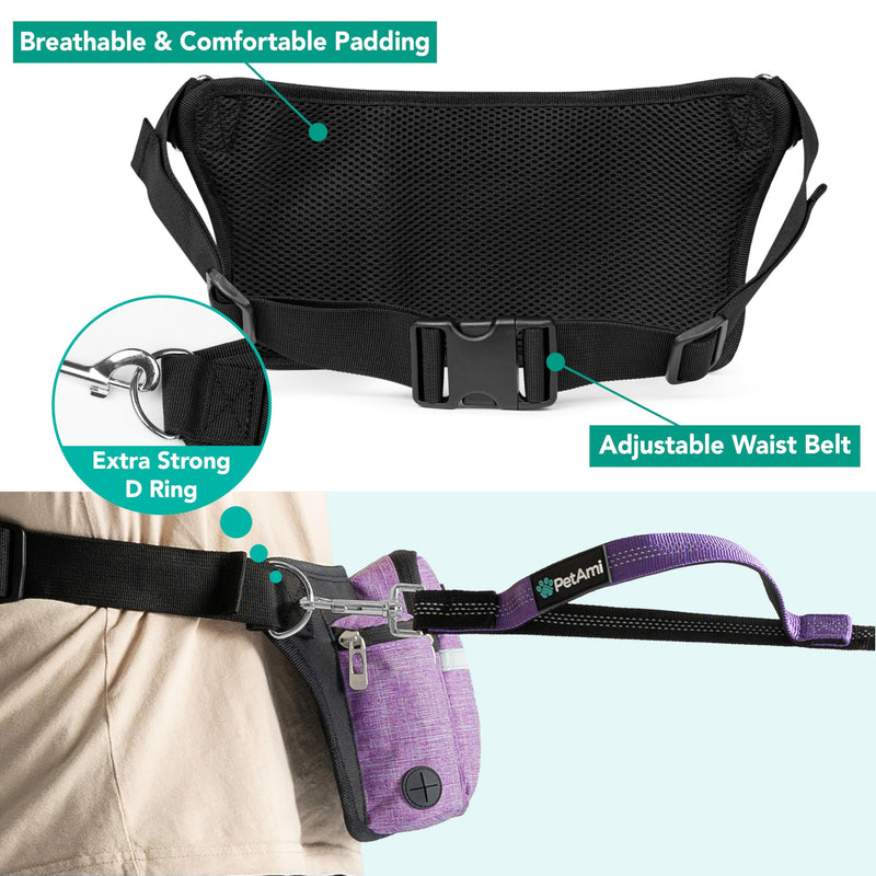 PetAmi Premium Hands Free Dog Leash for 2 Dogs, Adjustable Waist Belt Leash for Dog Walking, Fanny Pack Accessories Bag Dual Bungee Leash for Running, Hiking, Jogging, Biking, Purple 2 Leashes - PawsPlanet Australia