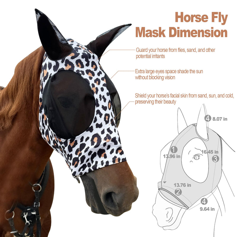 Horse Fly Mask with Ears - Equine Fly Mask for Horses with Sunlight Protection, Large Eye Space with Breathable Elastic Fabric, Funny Horse Mask Suitable for Large Size Horses Leopard Print - PawsPlanet Australia