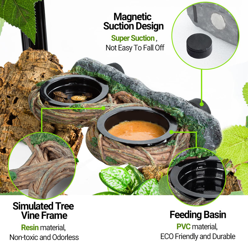 REPTI ZOO Magnetic Reptile Feeding Ledge, Gecko Feeder Ledge with 4PCS Cups, Hollow Vine Food Dish, Reptile Water Bowl for Bearded Dragon Lizard Snake, Reptile Terrarium Tank Accessories Dual Feeder - PawsPlanet Australia