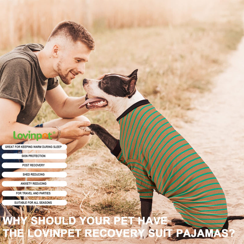 LovinPet Big Dog Pajamas, Cotton Brown and Green Stripe Dog Shirt, Stop Shedding for Dogs, Pet Pajamas for Dogs, UV Protection, Pitbull Clothes, Pet PJ's, M Medium Green Brown - PawsPlanet Australia